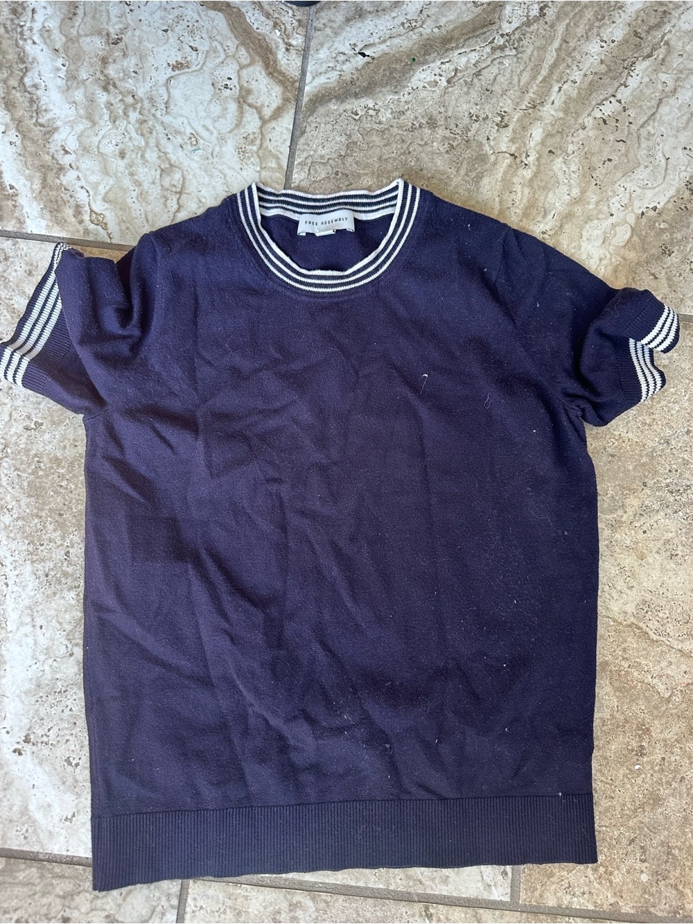 Short-Sleeve Navy Sweater with Stripe Trim